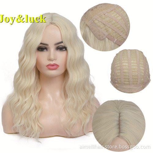 18inch Medium Length Wholesale Women's Wig Middle Part Finger Wave 613 Blonde Natural Water Wave Cosplay Costume Synthetic Wigs